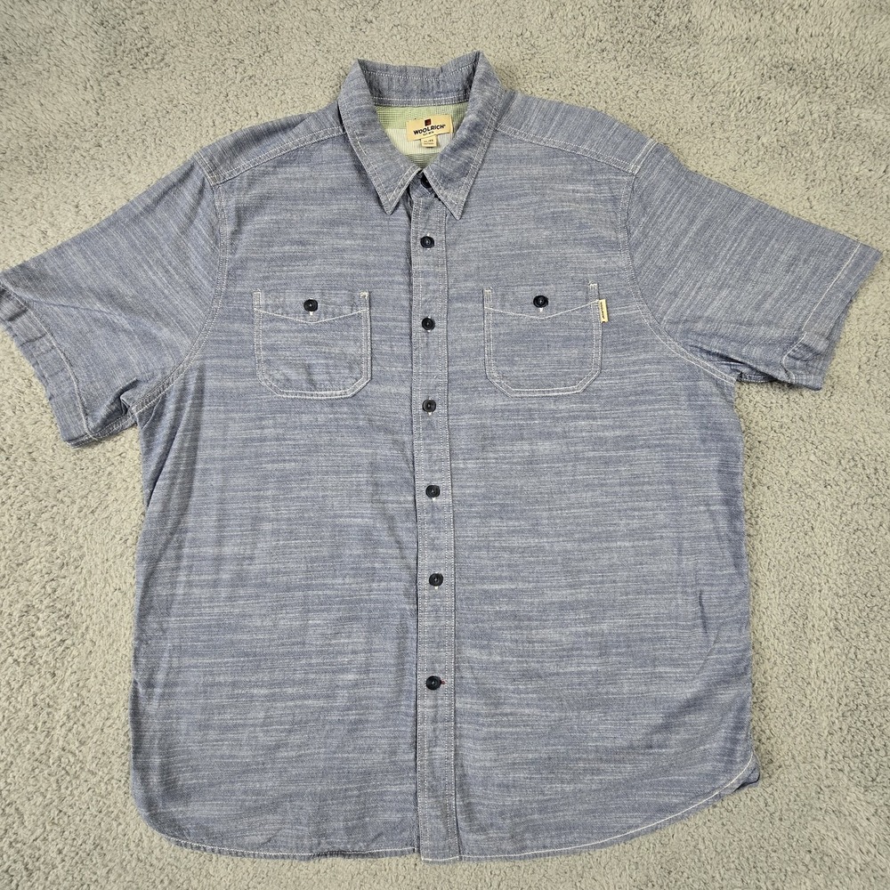 Woolrich  Shirt Mens XL Blue Chambray Casual Short Sleeve‎ Button Up Pockets - Picture 2 of 13